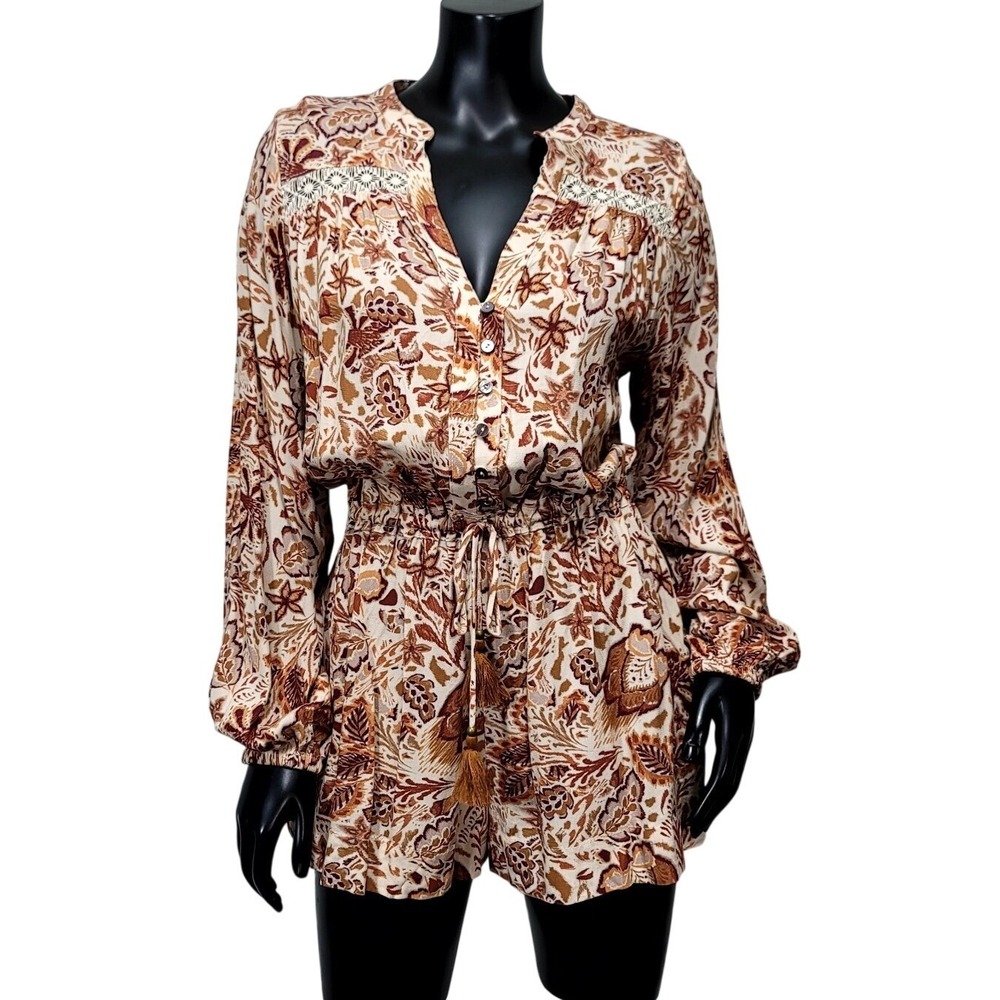 Olivaceous Floral Paisley Long Sleeve Romper Boho Tassel Lace Cream Brown S